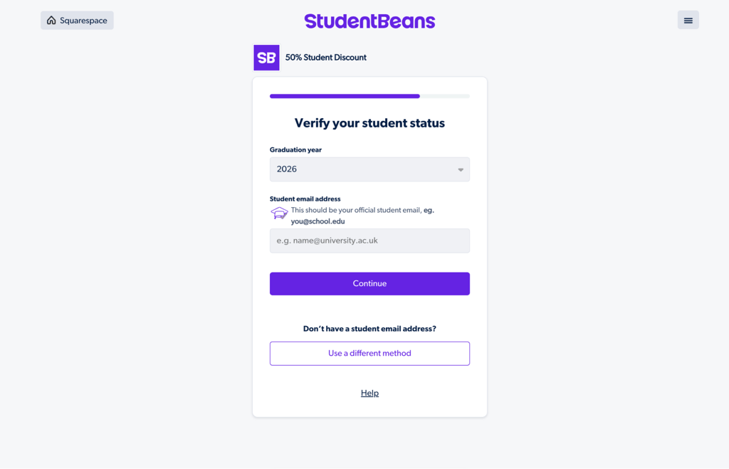 squarespace studentbeans signup