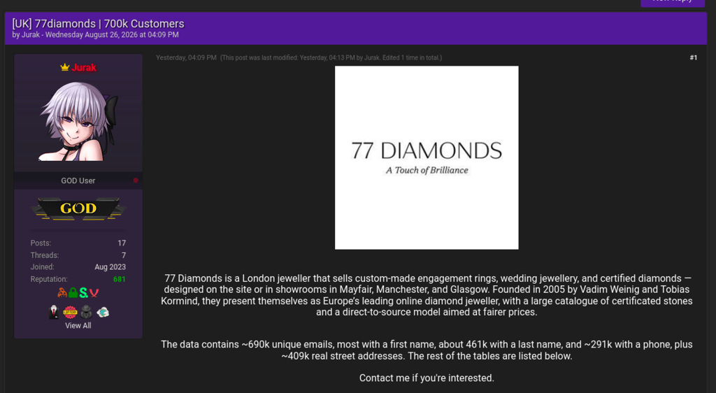 Screenshot of a post on a hacker forum claiming 77diamonds