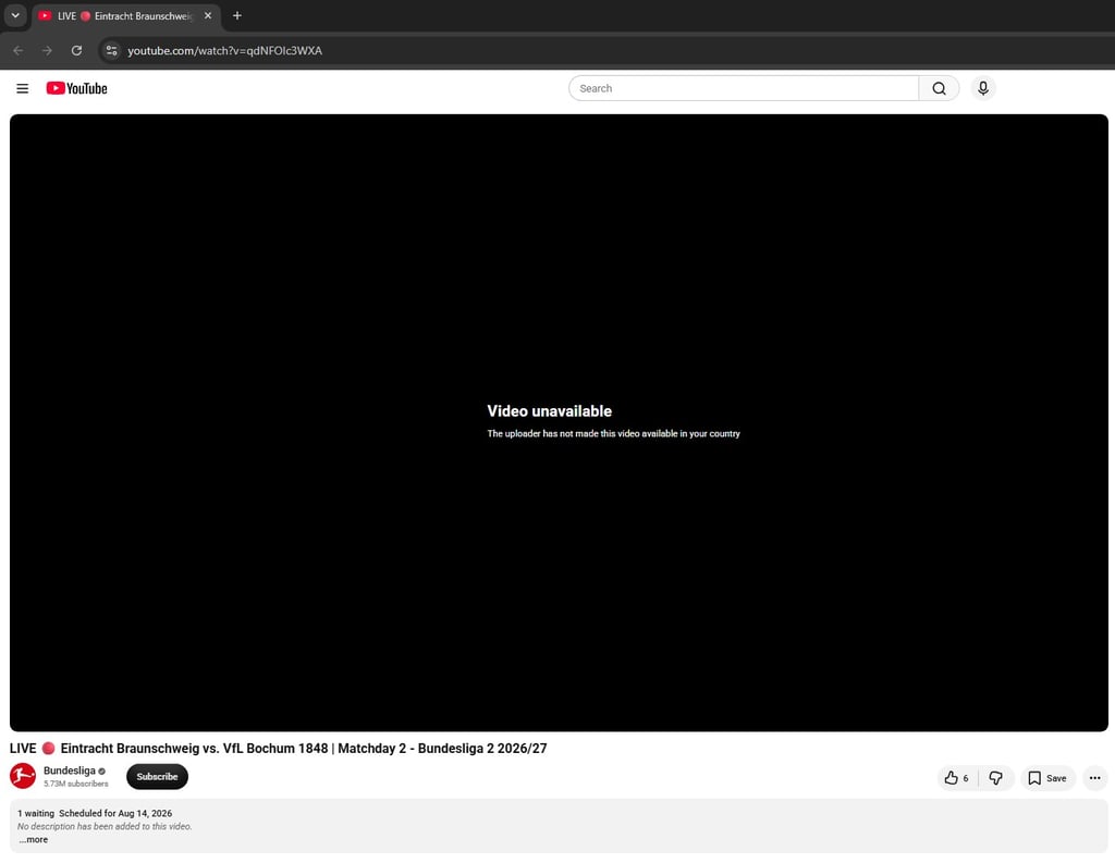 Braunschweig vs Bochum YouTube error