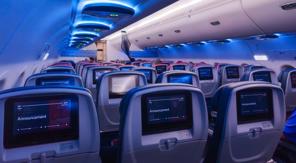 Delta flight interior , rows of airplane seats,