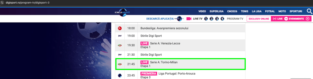 Digi Sport 3, Torino vs AC Milan