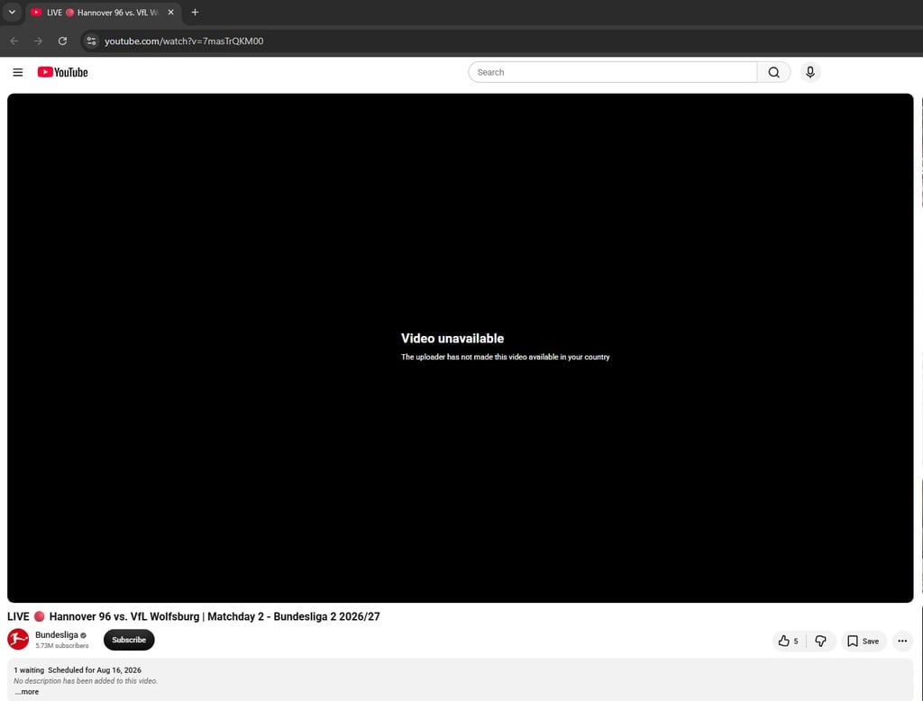 Hannover 96 vs Wolfsburg YouTube Error