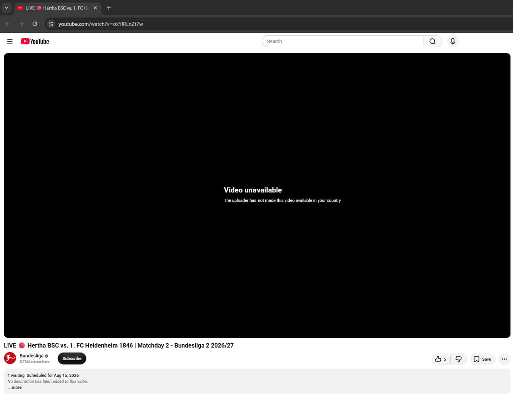 Hertha vs Heidenheim YouTube error