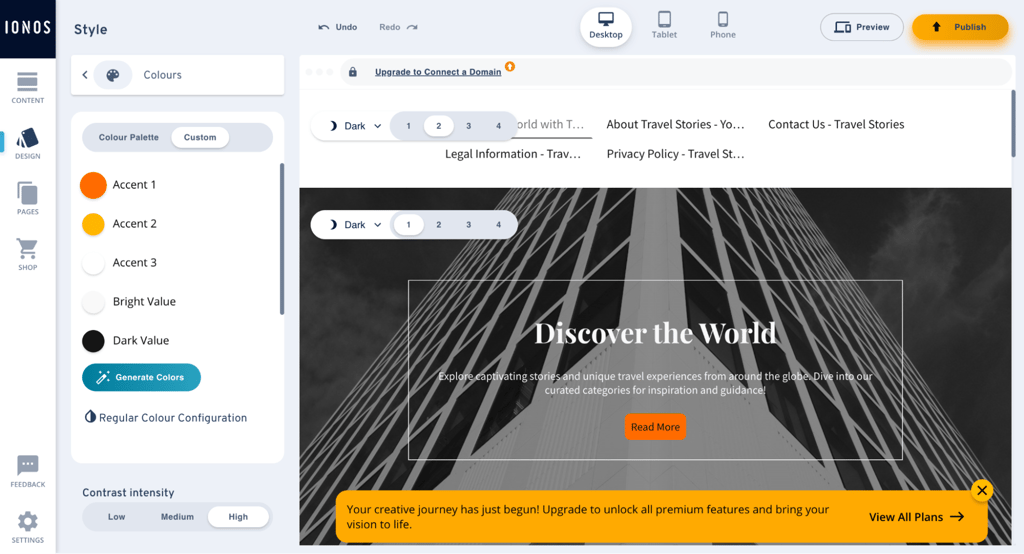 IONOS website builder interface with color customization panel 2026 08
