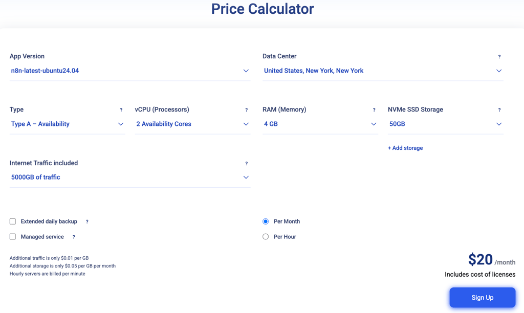 Kamatera n8n price calculator