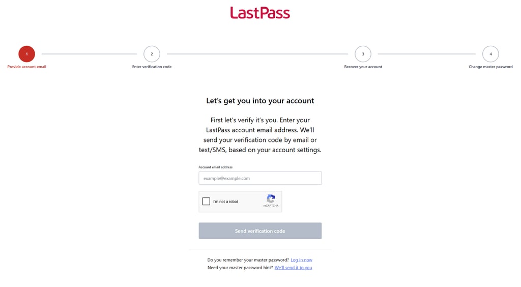 LastPass password recovery page