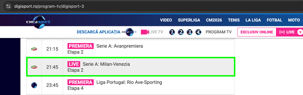Milan-Venezia su Digi Sport 3