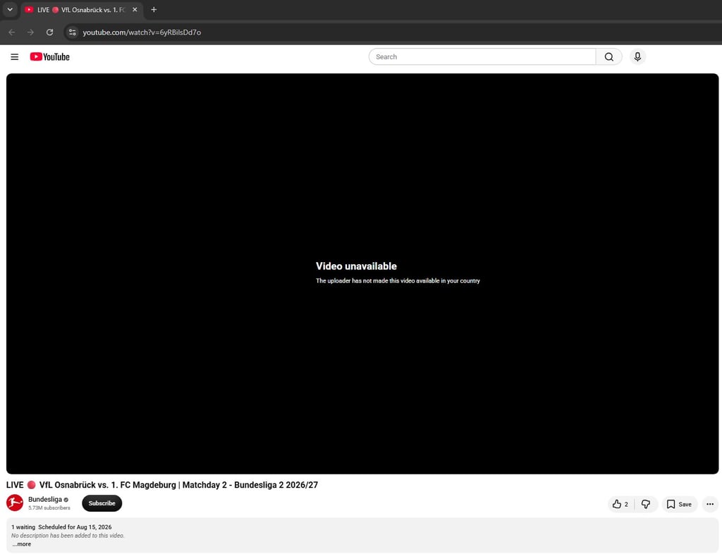 Osnabruck vs Magdeburg YouTube error