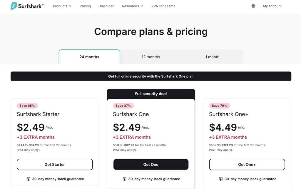 Surfshark compare plans and pricing page