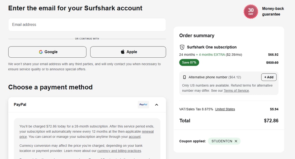 Surfshark order summary page