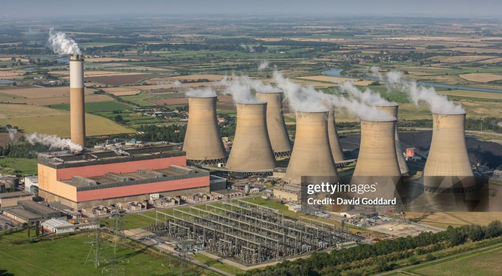 cooling towers, smokestack at a large thermal power station, electric grid