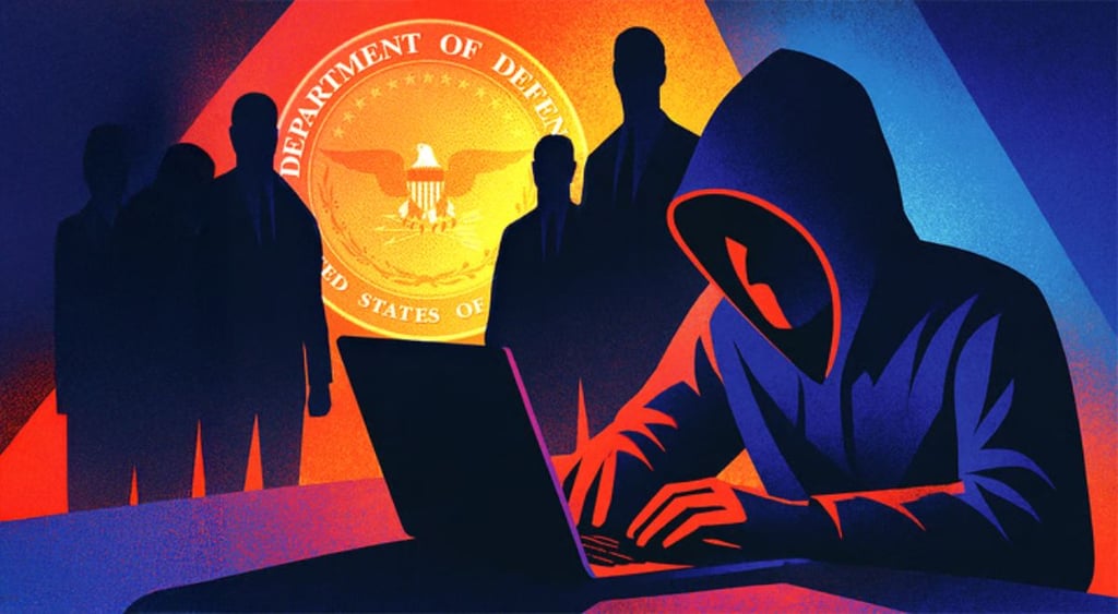 hacker hacking with governmental DOJ institution logo in the back with some people