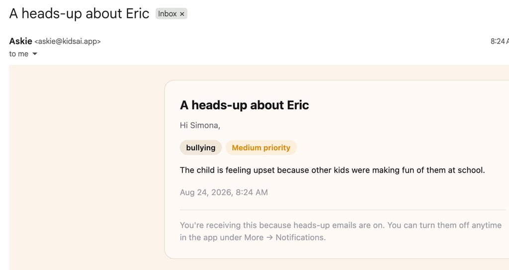 Askie AI heads-up email flagging the bullying incident