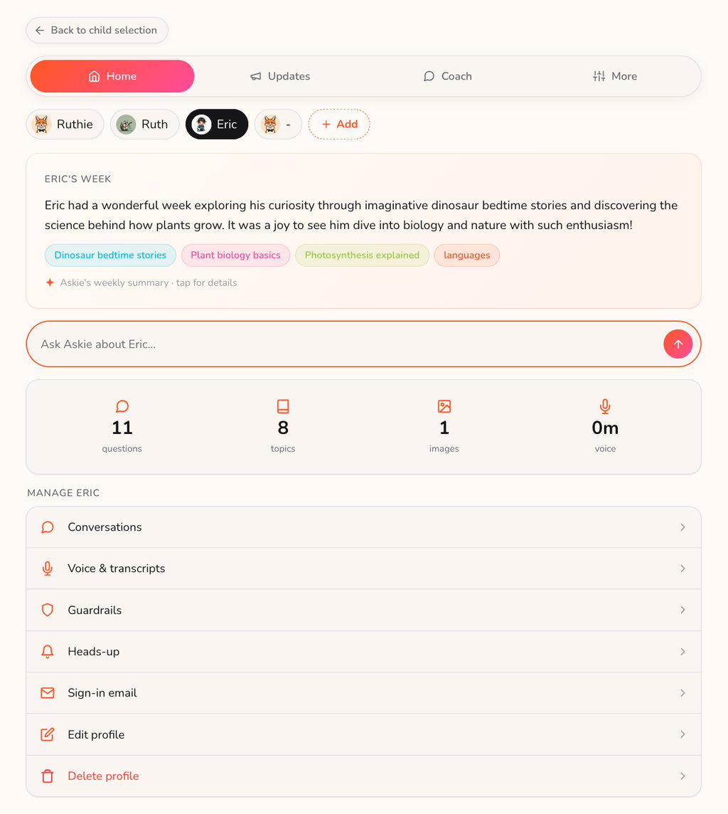 Askie AI’s Parent Dashboard home screen