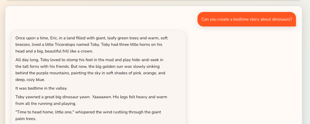 Askie AI generating a personalized bedtime story about dinosaurs from a query