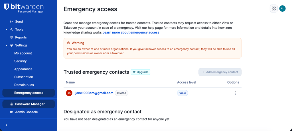 bitwarden emergency access