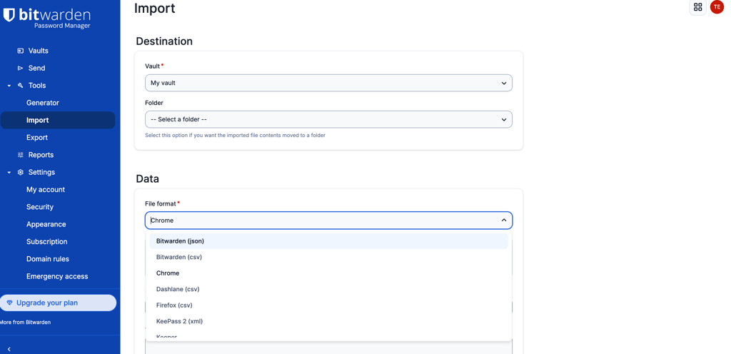 bitwarden importing options