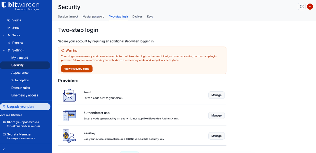bitwarden two step login