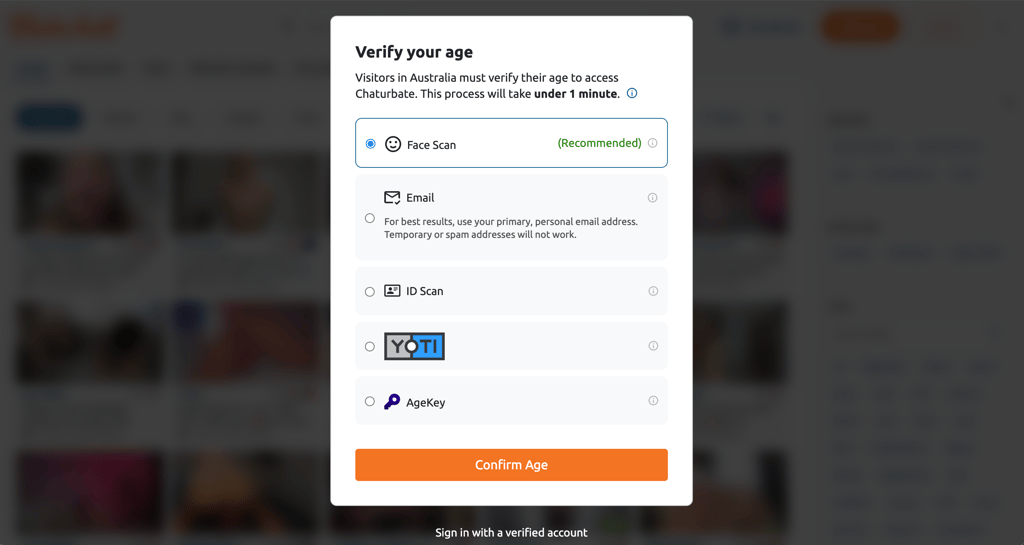 Chaturbate age verification prompt shown to visitors in Australia