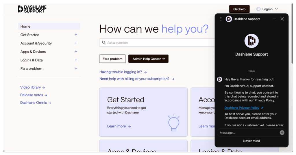 dashlane support popup