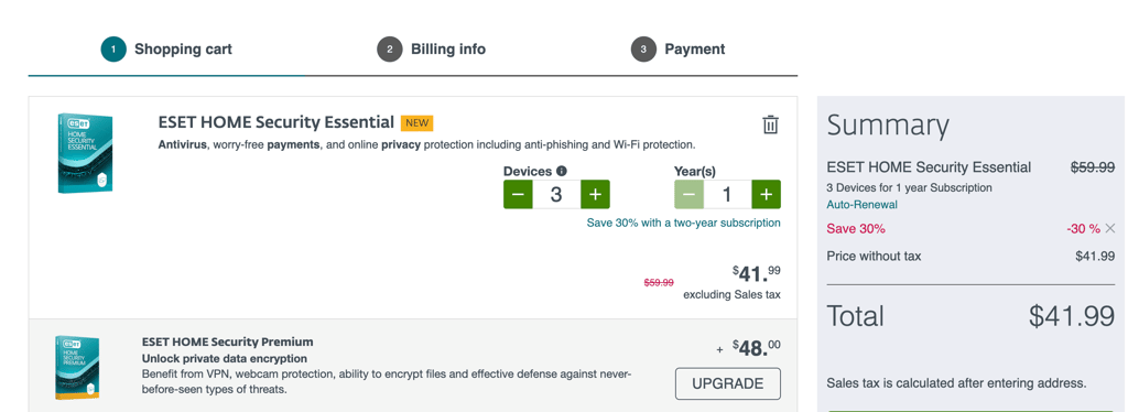 Eset's pricing in August 2026 checkout