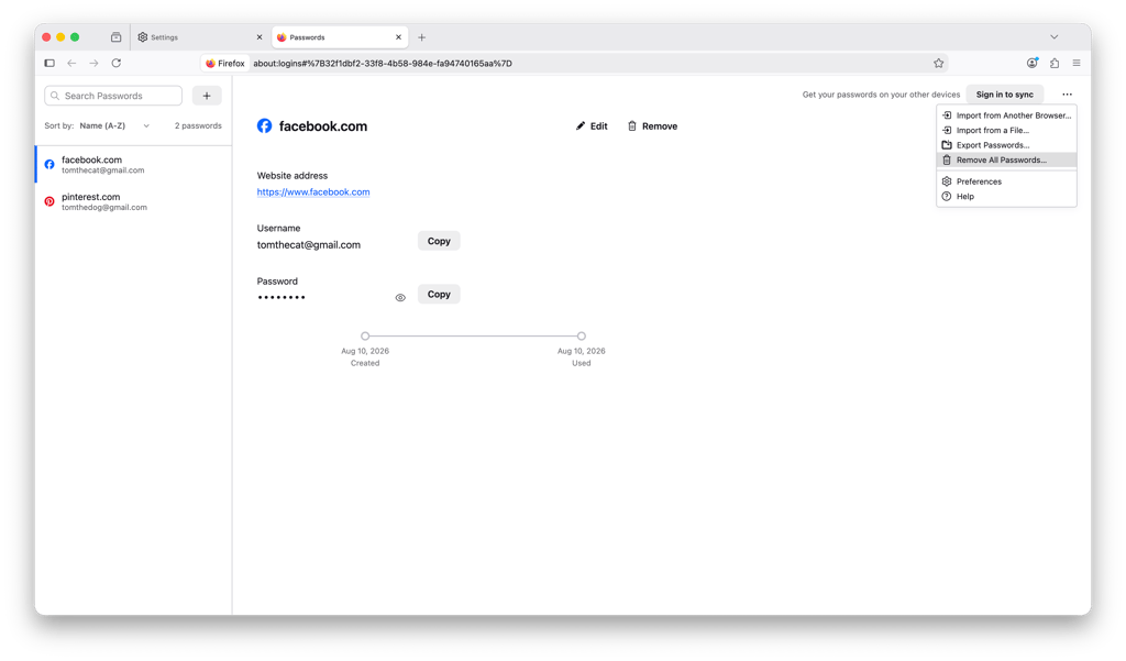 firefox delete all passwords