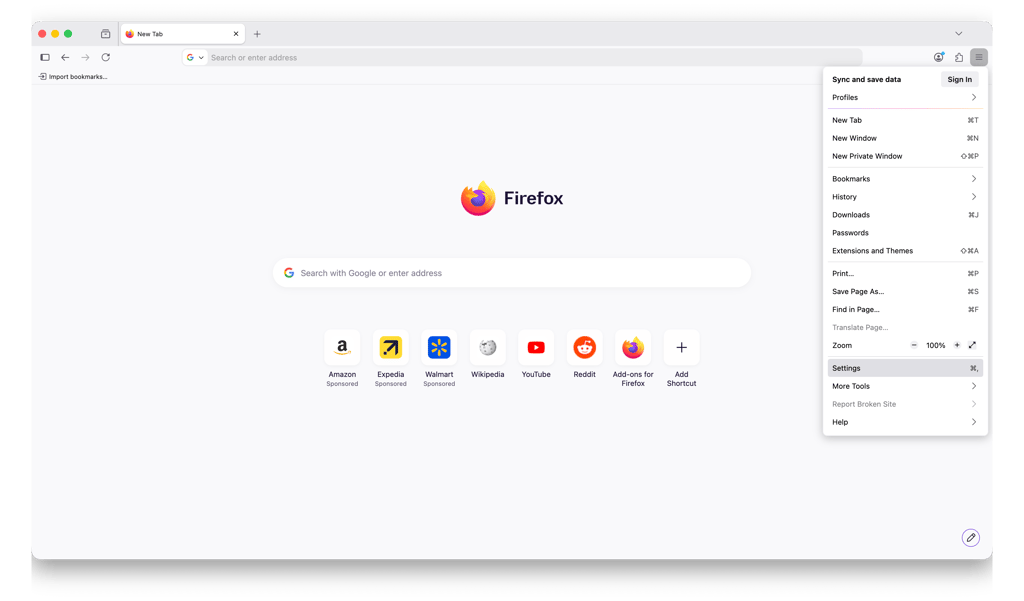 firefox settings open