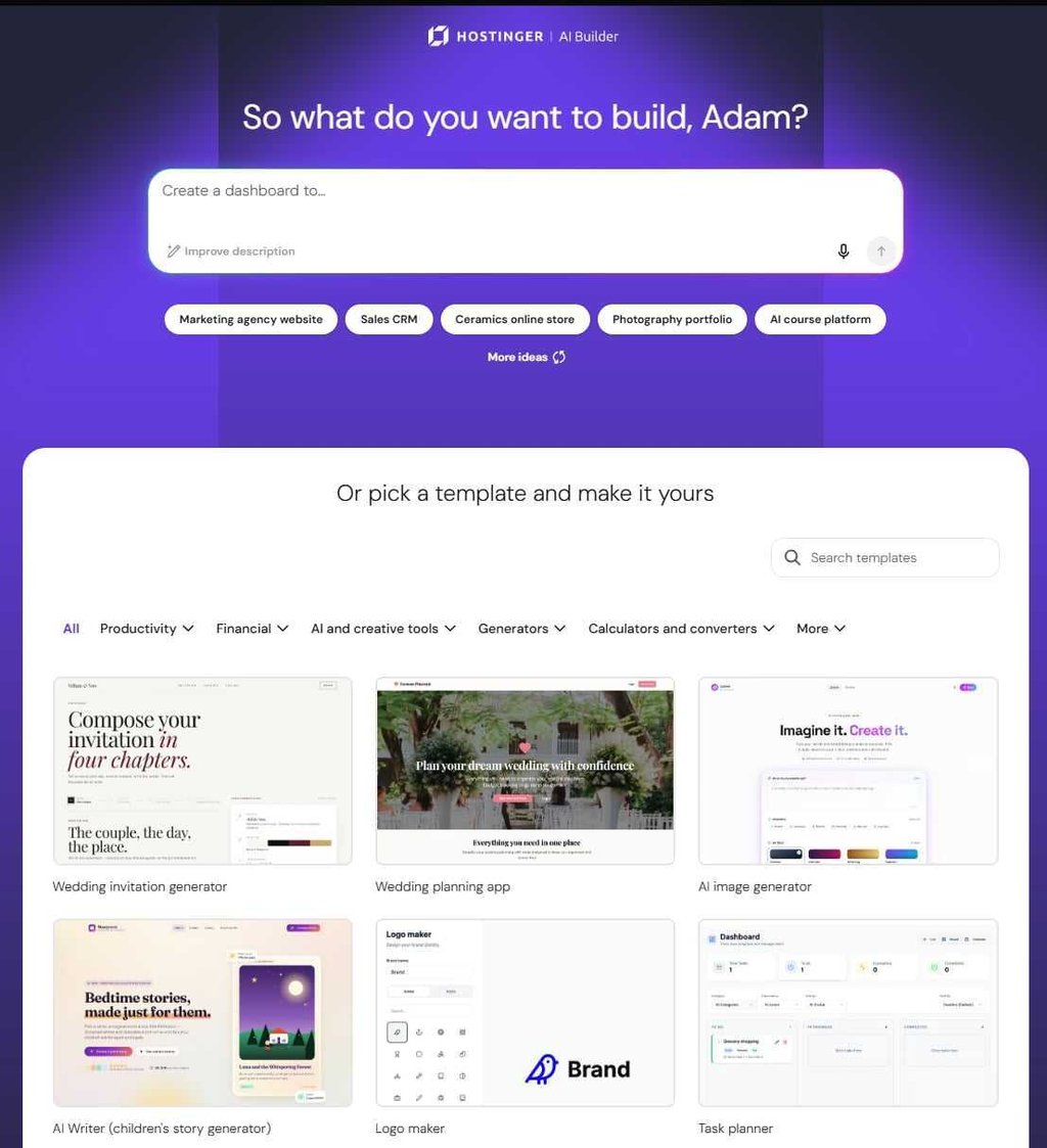 hostinger website builder building panel