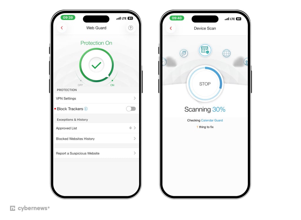 Trend Micro iOS app home screen and scam detection interface