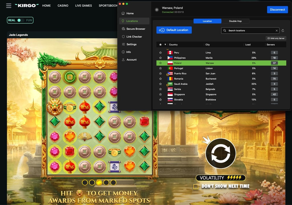 IPVanish Poland server connection used with Kirgo Casino