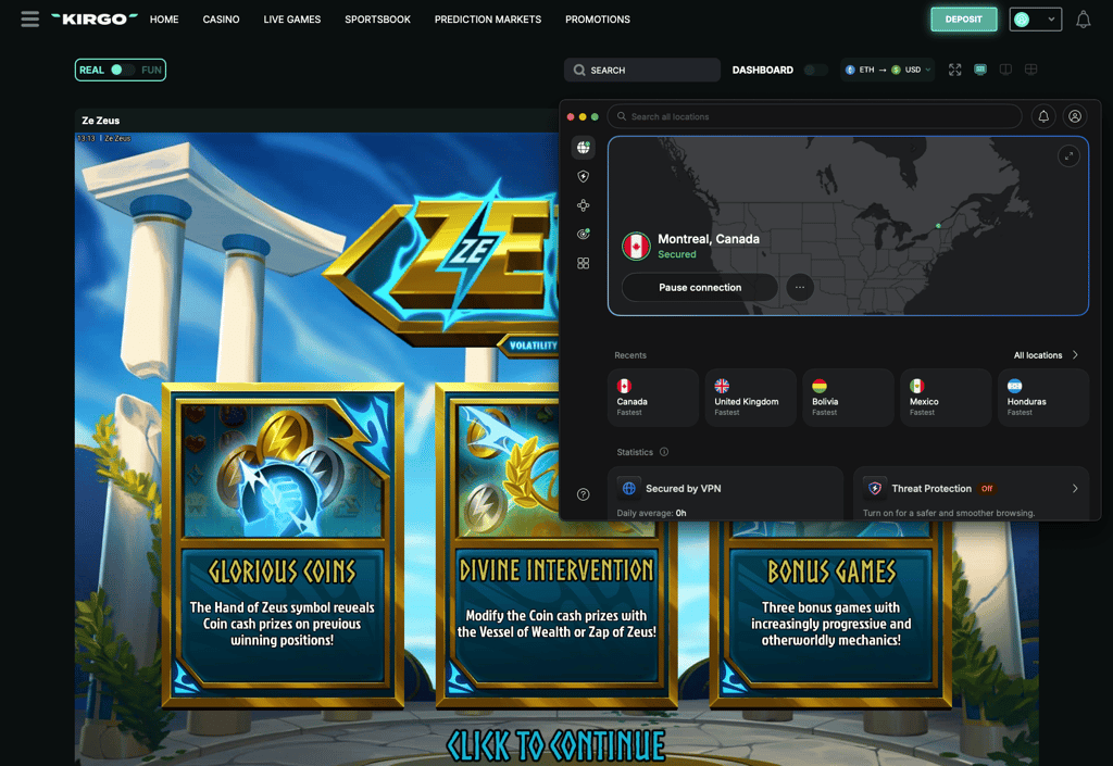 Accessing Kirgo Casino with NordVPN's Canadian server