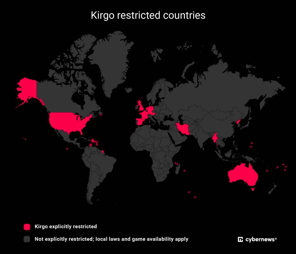 Map showing countries explicitly restricted by Kirgo Casino
