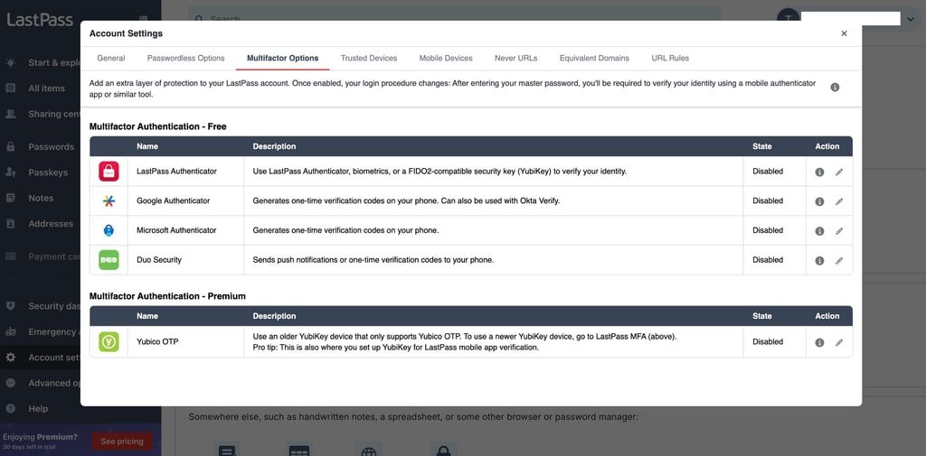 lastpass account settings mfa