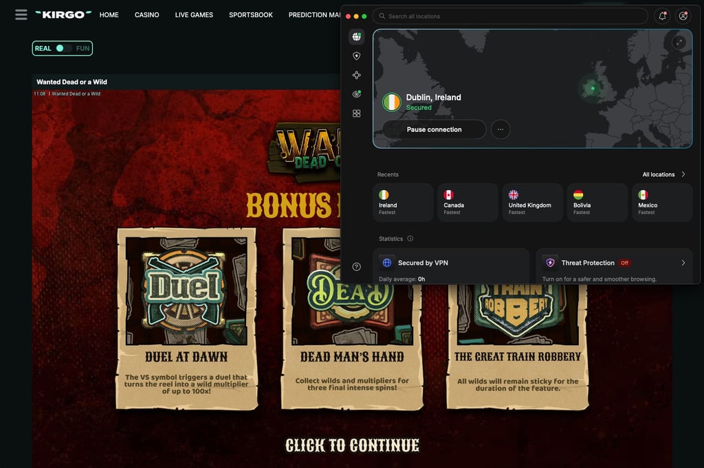 NordVPN connected to Ireland while accessing Kirgo Casino