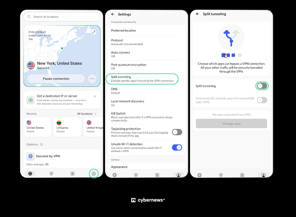 nordvpn android split tunneling settings collage