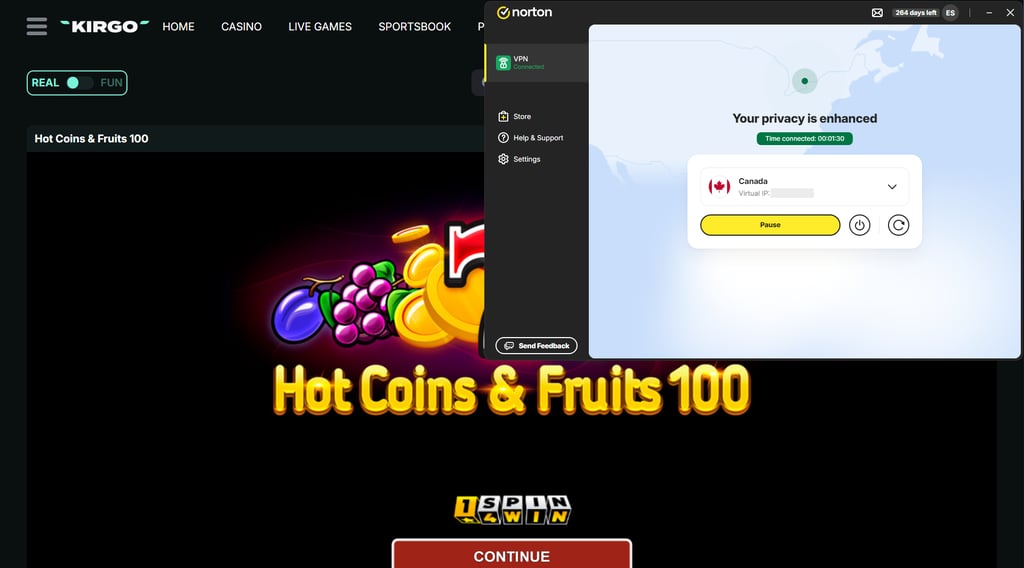 Norton VPN connected to a Canada server while accessing Kirgo Casino