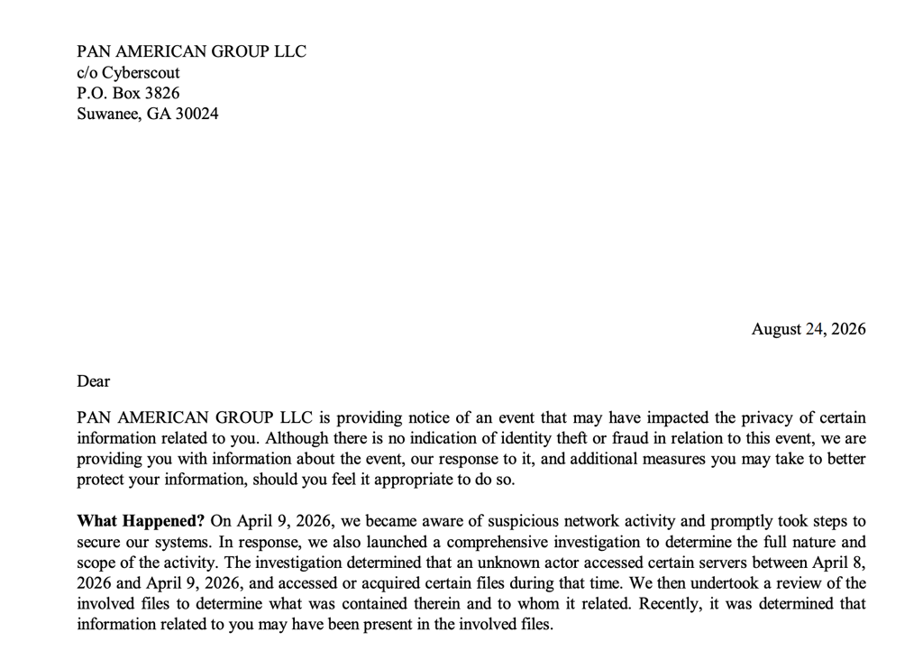 Screenshot of breach notice submitted to the California Department of Justice by the Pan American Group