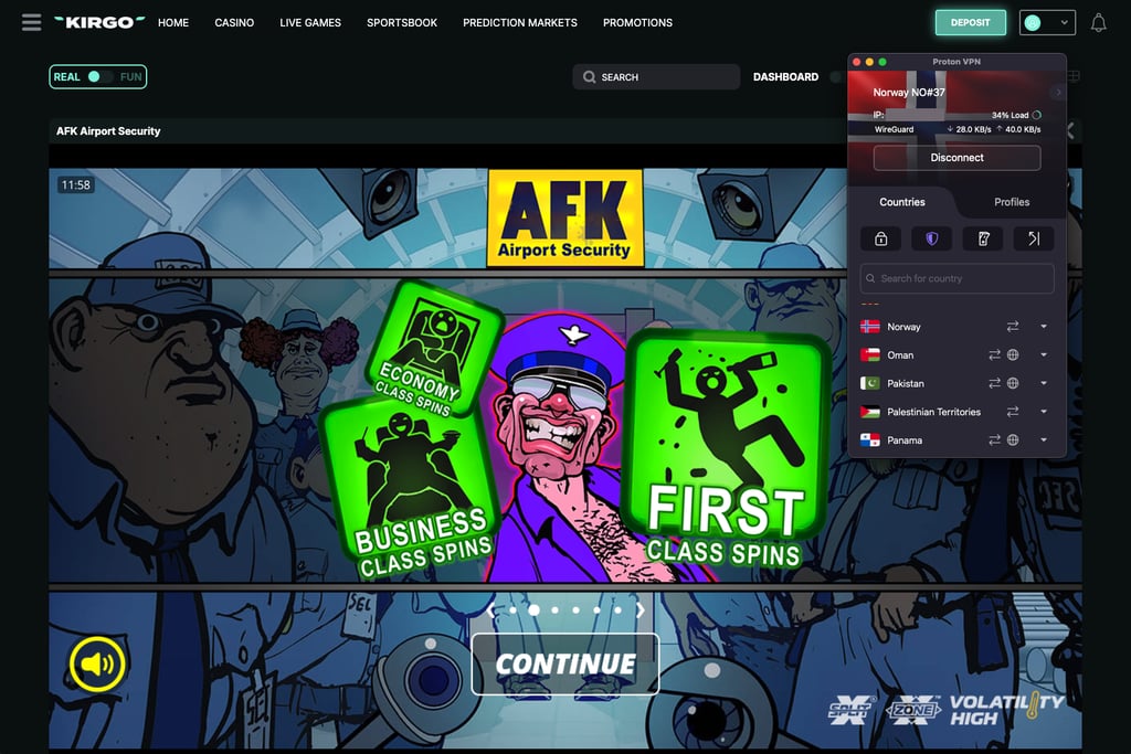 Kirgo Casino accessed while connected to Proton VPN in Norway