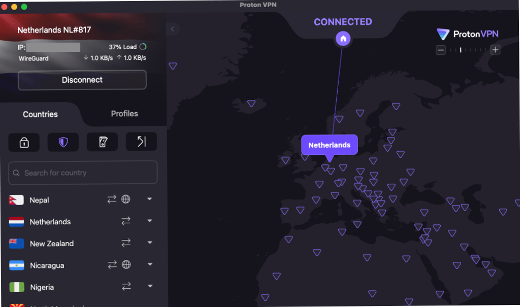 Proton VPN connected to a Netherlands server for accessing Chaturbate