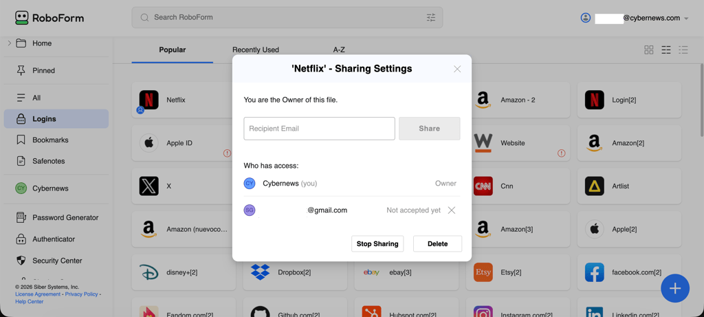 roboform sharing passwords new