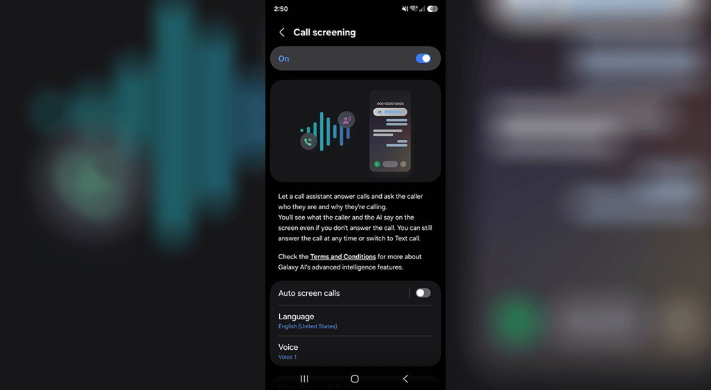 A screenshot of the call screening feature on the Samsung Galaxy S26 FE.