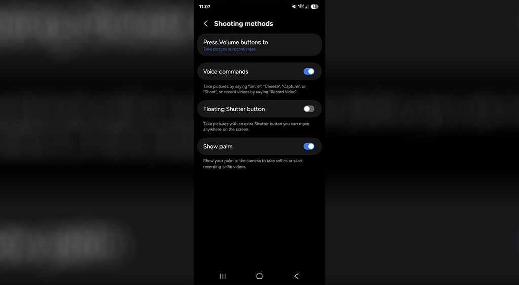 Screenshot of shooting methods on Samsung Galaxy S26 FE