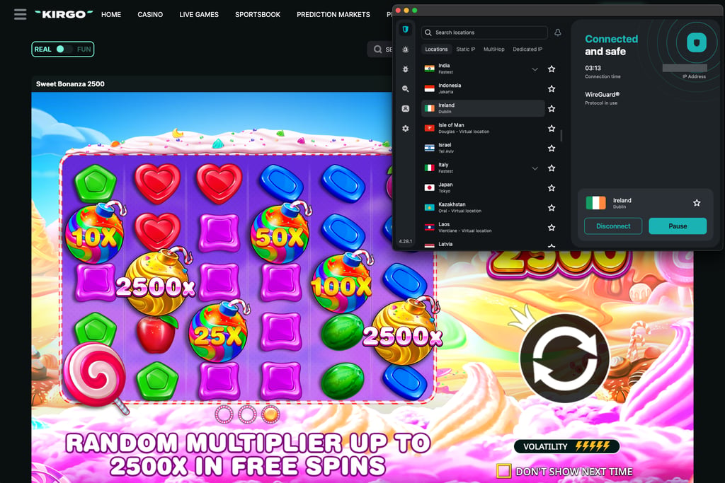 Surfshark connected to Ireland while accessing Kirgo Casino