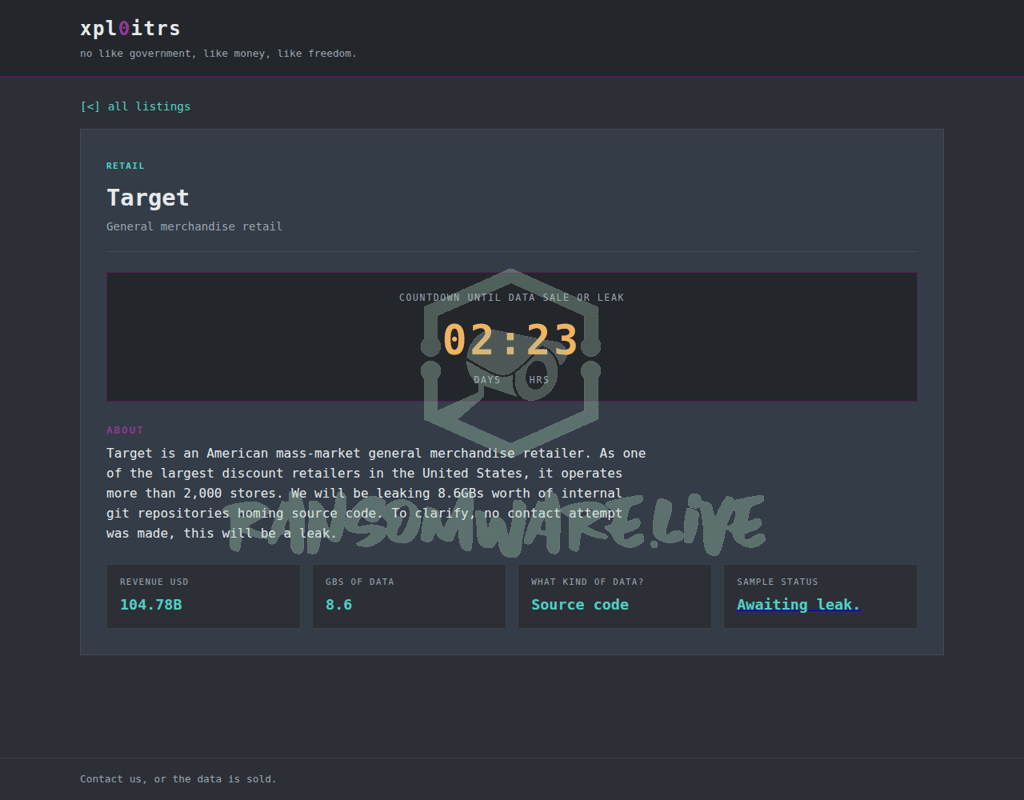 Screenshot of Target being listed on the Xpl0itrs leak site on the Dark Net