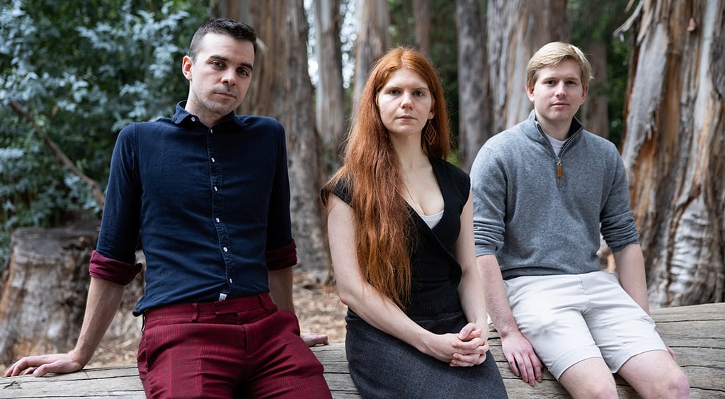 AI researchers Cormac Slade Byrd, Sydney Von Arx and Thomas Larsen pose in Berkeley, California