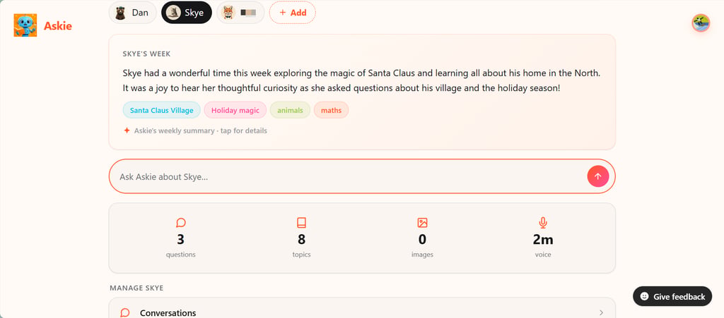 ASKIEs parent dashboard showing weekly updates about your kids profile