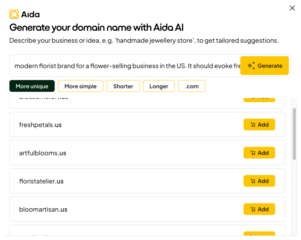 Aida AI generating florist domain names from a text prompt