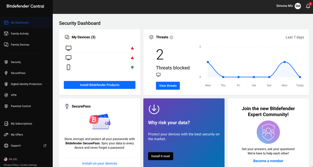 Bitdefender Central allows you to monitor your cybersecurity from a single dashboard