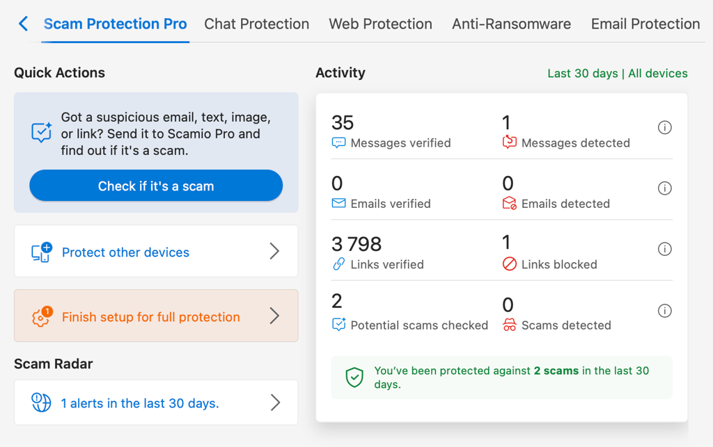 Bitdefender Scam Protection Pro dashboard new