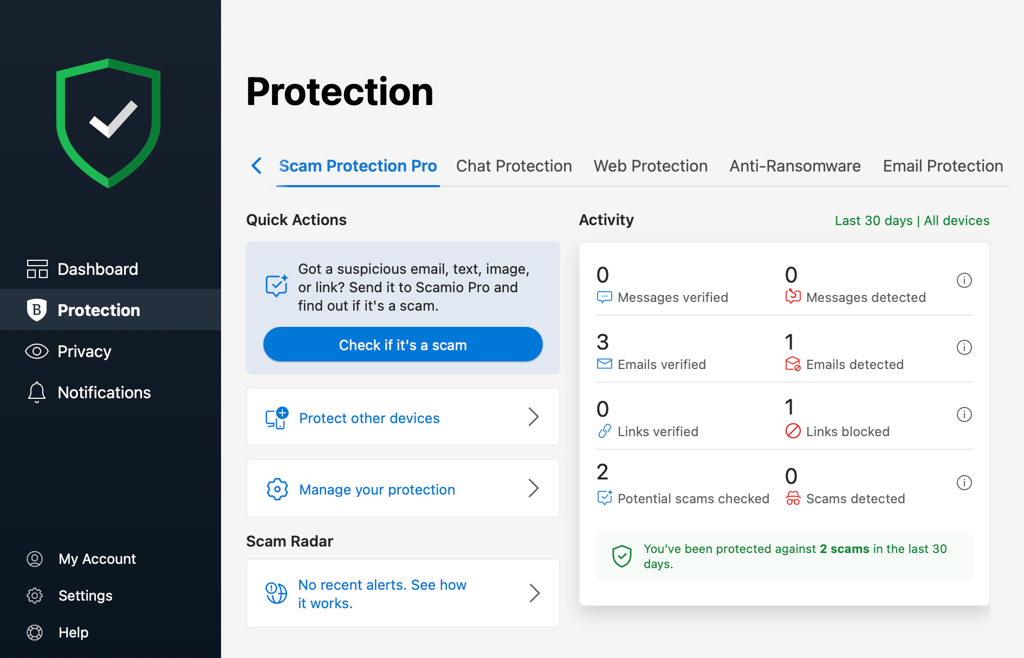 Bitdefender Scam Protection Pro dashboard